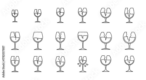 Set of simple thin line icons representing broken wine glasses, perfect for websites, books, cards, and apps. This vector cartoon illustration features various stages of glass breakage on a clean