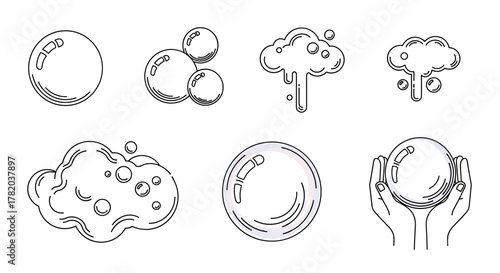 Set of minimalistic vector illustrations of bubbles and foam, drawn with thin lines on a white background. Includes various bubble shapes, a cluster of bubbles, and foam with bubbles, presented as a