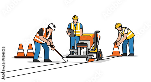 Three road workers are painting a road with cones present