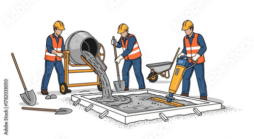 Three workers pour and smooth concrete into a square frame