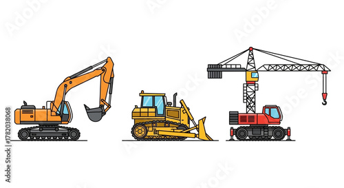Trio of construction vehicles including an excavator bulldozer and crane