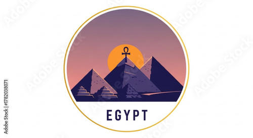 Egypt logo design with pyramids, sun, and ankh symbol in a circle, a minimalist and modern vector
