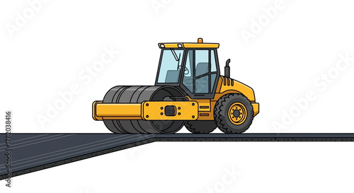 A yellow road roller compacts asphalt its on a black surface set against a white background
