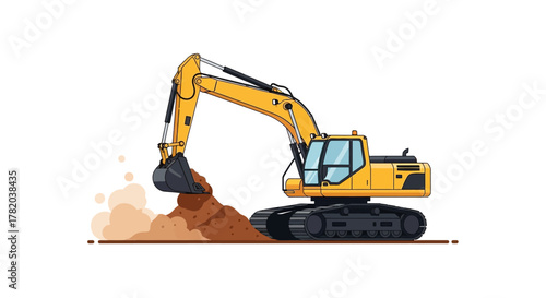 An excavator with a black bucket is moving dirt