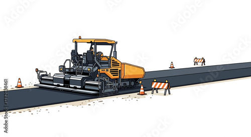 Asphalt paving machine lays new blacktop on a road with cones and barricades indicating road work