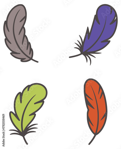 Four colorful quill feathers bird grey