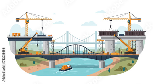 Bridge construction site with workers cranes boat supports and a distant bridge