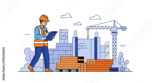 Cartoon construction worker inspects a building under construction with materials and a crane nearby