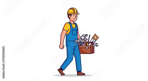 Cartoon repairman walking with toolbox wearing a hardhat and overalls