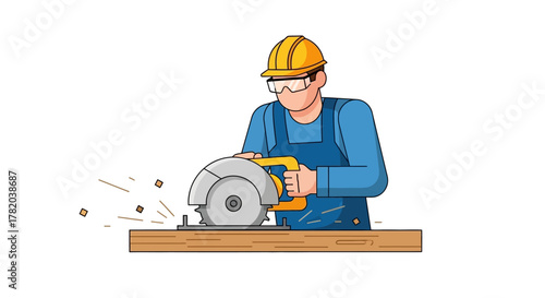 Cartoon man in hard hat cuts wood with saw chips flying