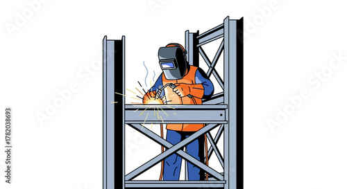 Cartoon Welder at work Sparks and smoke emanate from a metal weld on a frame