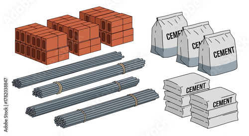 Construction materials bricks rebar and cement bags stacked together