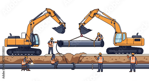 Construction scene excavators workers install pipes weld and repair underground infrastructure