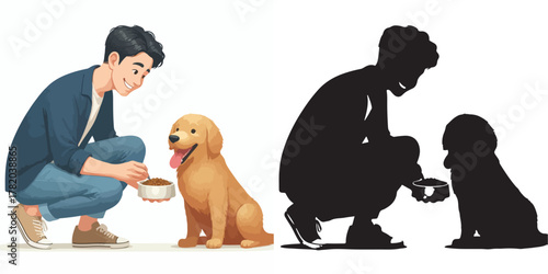  Set of vector and shilhouttes images of men and dogs on a white background