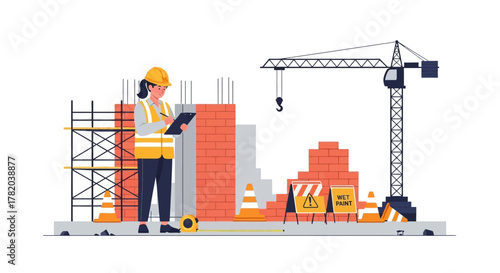Construction scene female inspector in hard hat  vest reviews clipboard at a work site with scaffolding crane  safety cones