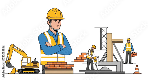 Construction scene with workers excavator building structure and materials