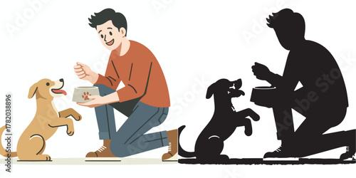  Set of vector and shilhouttes images of men and dogs on a white background
