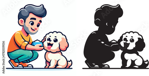  Set of vector and shilhouttes images of men and dogs on a white background