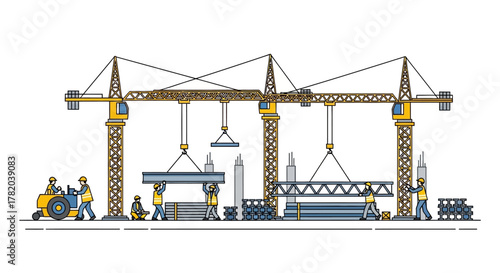 Construction site with workers cranes and building materials in a linear cartoon style