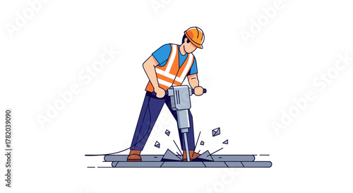 Construction worker operating a jackhammer on pavement wearing safety gear