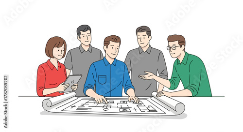 Five colleagues analyze a blueprint one uses a tablet at a white table