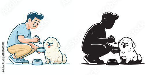  Set of vector and shilhouttes images of men and dogs on a white background