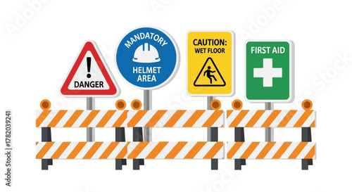 Four signs behind a striped barrier displaying Danger Helmet Area Caution Wet Floor and First Aid