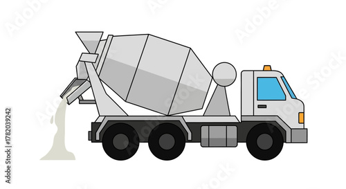 Gray cement truck pouring out liquid material