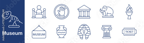 Museum set icon. Fossil, barrier, hand, building, mammoth, torch, sign, vase, mask, column, ticket. Culture, history, artifact, exhibit, ancient, art, sculpture, education, visit, heritage.