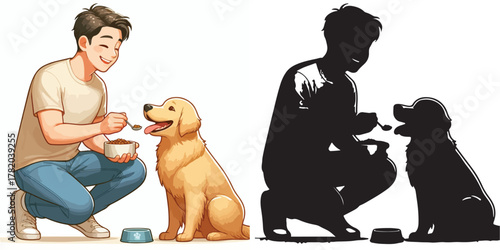  Set of vector and shilhouttes images of men and dogs on a white background