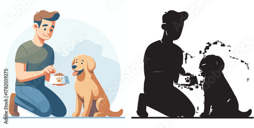  Set of vector and shilhouttes images of men and dogs on a white background