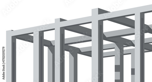 Gray orthogonal framesbeams create an abstract geometric structure with a 3D perspective