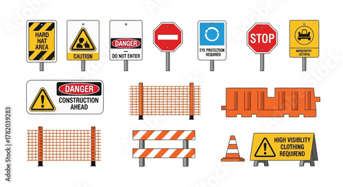 Graphic of construction safety signs and barriers