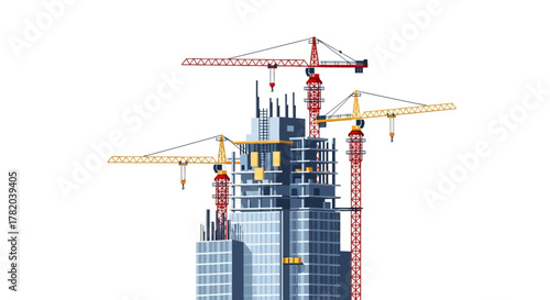 Skyscraper under construction with cranes against a clear sky