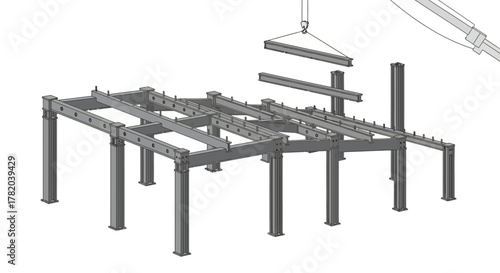 Steel framework construction with crane hoisting beam