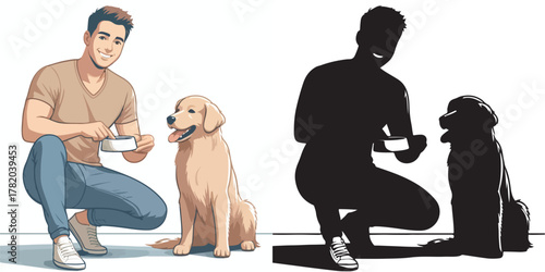  Set of vector and shilhouttes images of men and dogs on a white background