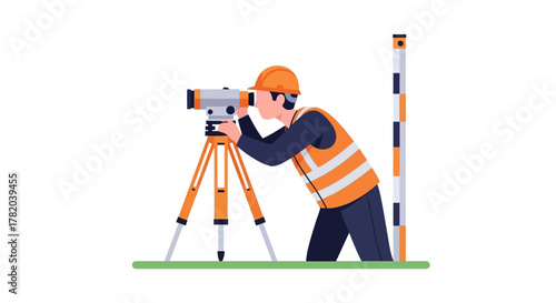 Surveyor wearing hard hat uses surveying equipment with black and orange rod nearby