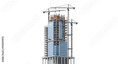 Modern skyscraper under construction with cranes and scaffolding