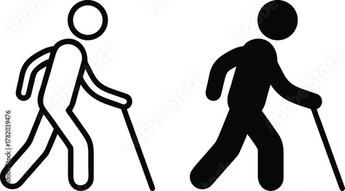 Elderly Person Walking with Cane Icon.Slow Pace, Mobility Aid, and Old Age Symbol or Vector Silhouette. .eps
