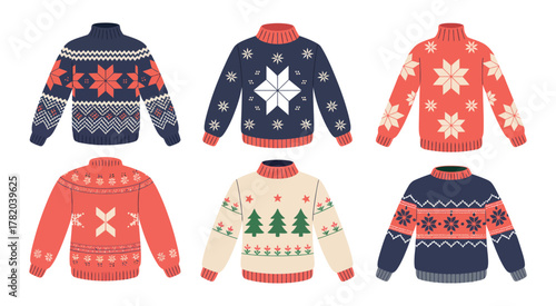 Sweaters. Warm Knitted Holiday Jumpers with Classic Winter Patterns, Reindeer, Snowflakes, and Nordic Style Designs