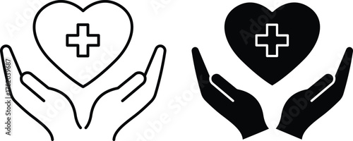 Heart Health Care Hands Icon. Medical Support, Cardiology, and Healthcare Protection Symbol or Vector Silhouette. .eps