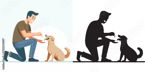  Set of vector and shilhouttes images of men and dogs on a white background