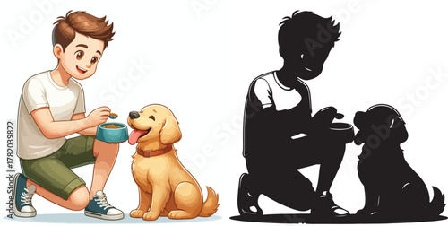  Set of vector and shilhouttes images of men and dogs on a white background