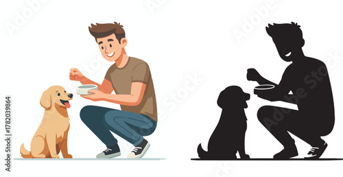  Set of vector and shilhouttes images of men and dogs on a white background