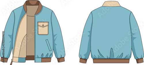 Blue bomber jacket front and back view, fashion flat sketch, technical garment illustration, casual outerwear design, cad drawing flat vector illustration