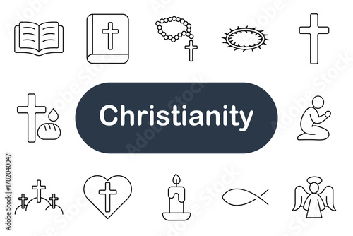 Christianity set icon. Bible, rosary, cross, prayer, angel, candle, fish, heart, bread, baptism, crown of thorns, church, faith, religion, belief, salvation, worship, hope, spirituality, symbol