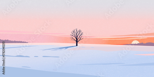 Stylish and minimalist winter landscape illustrations, artistic sunset banners featuring colorful skies, snowfields, and forests. Winter nature landscape illustrations. Suitable for promotional advert