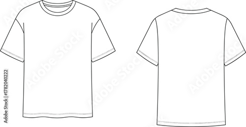 Basic short sleeve t-shirt front back view, crew neck tee fashion sketch, garment construction, cad drawing flat vector illustration