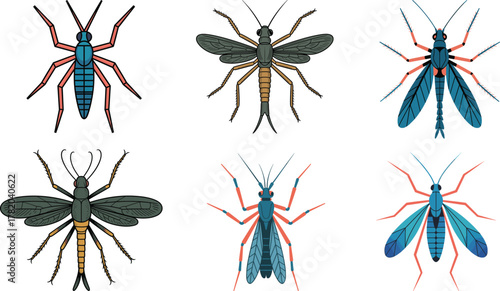 Stylized Flying and Crawling Insect Vector Set: Detailed Bugs with Blue, Coral, and Olive Colors Illustration
