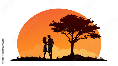 A romantic vector silhouette of a couple standing under a big tree during sunset, minimalist design, orange gradient background